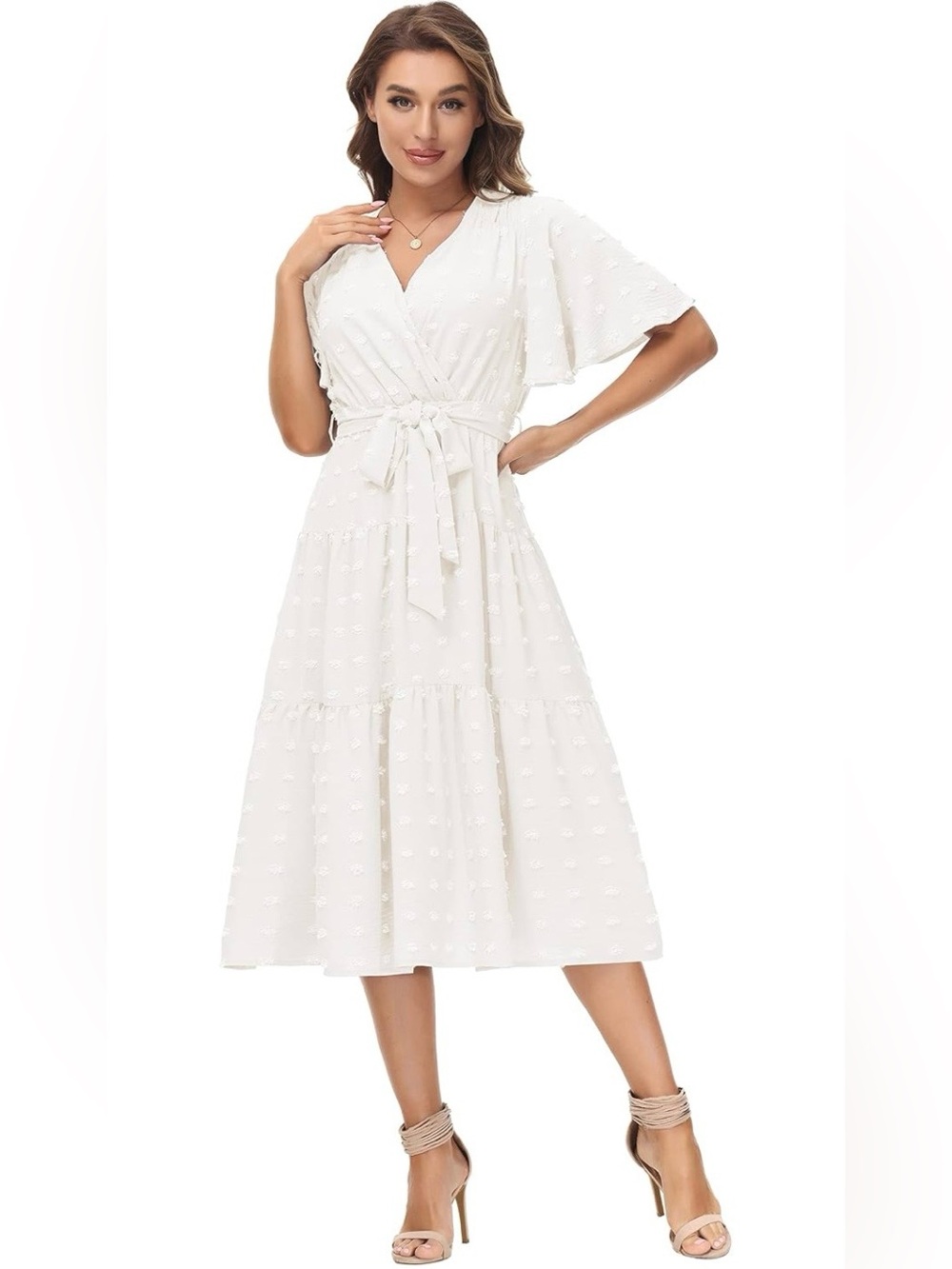 Kate Kasin White Textured Flutter-Sleeve Maxi Dress